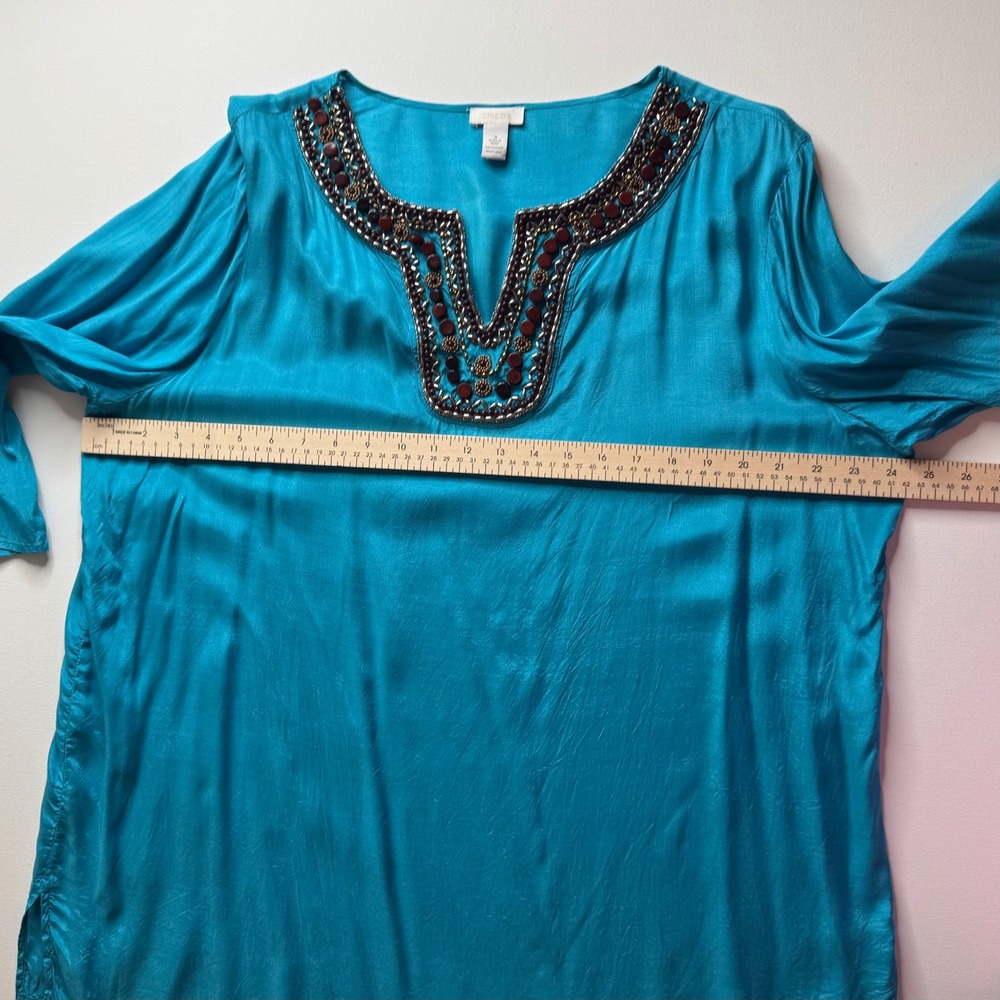 Chicos Embellished Tunic Top Size 3 XL Blue Viscose Beaded Neck Resort Tropical - Picture 11 of 11
